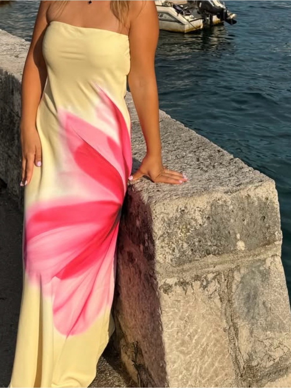 Strapless Yellow Maxi Dress with Pink Floral Burst